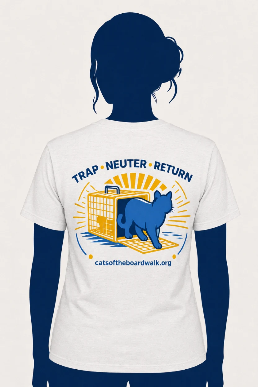 Cats of the Boardwalk t-shirt, back design reading Trap Neuter Return