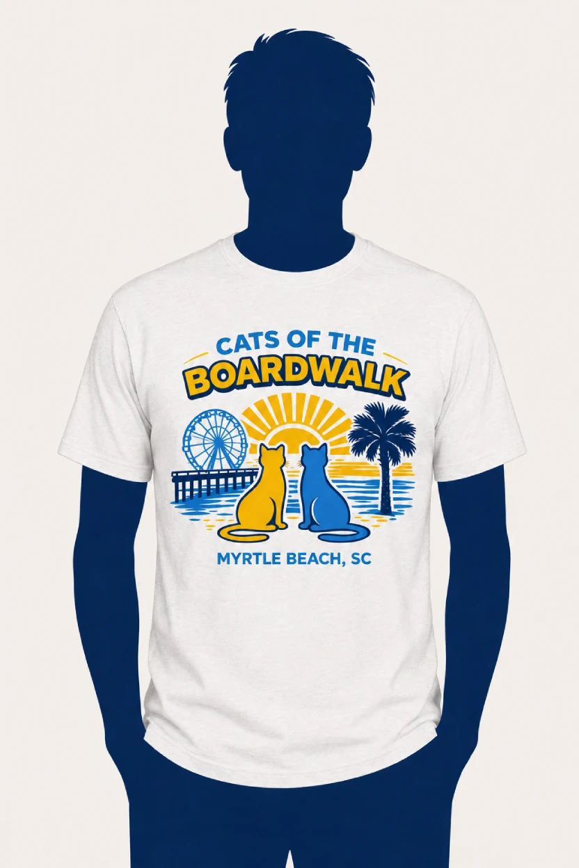 Cats of the Boardwalk t-shirt, front design
